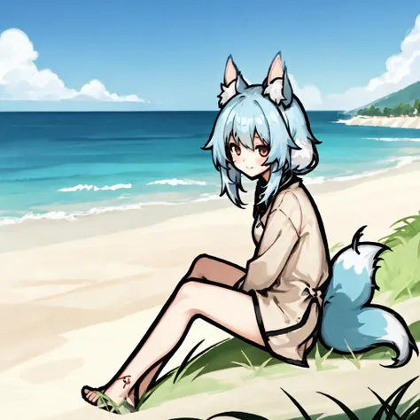 twintail hair, medium breasts, naked, laying on the sand, blushing, full body, on the beach, masterpiece ,very detailed, armpits, cat ears, cat tail, sweaty, nipple