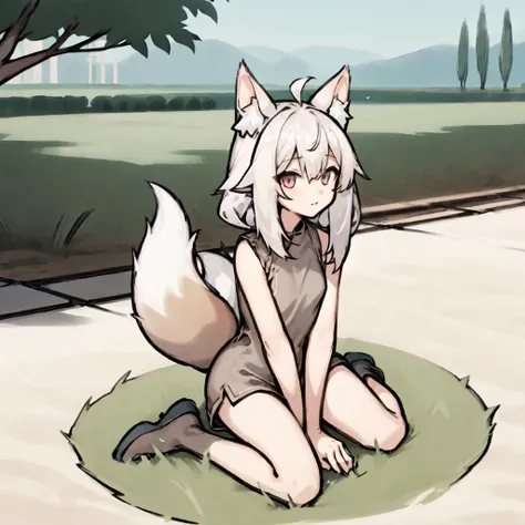 Best quality，Masterpiece，nude, no clothes, Manteau blanc，(Fox facial features，Physical characteristics of a fox，Hair and shoulder length)，Small stature，bit girl，((White body，White arms，White legs，White eyes, White fox tail))，beach background, female, furry, anthro, legs spread, sitting down, knees up, blushing, small breasts, detailed breasts, detailed vagina,
