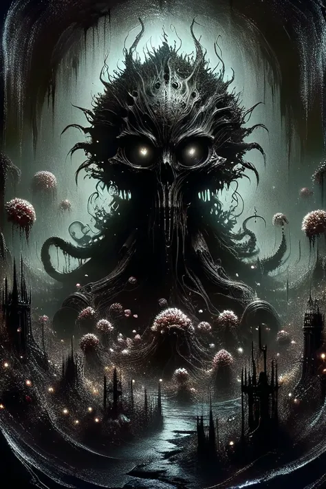Alien-themed biomechanical style horror-themed (((epic-Ultra-HD-details, epic-Ultra-HD-highlights, epic-photo-same-realistic, upscaled-resolution, optimal)))A bio-mechanical forest taking over a desolate and abandoned dystopian cityscape,crumbling buildings,ruined skyscrapers,destroyed vehicles,remains,tendrils spreading everywhere,mechanical plants and flowers,mechanicals parts,bio-mechanical parts,living metal.,<lora:DonM3v1lM4dn355XL-v1.1:0.8>,DonM3v1lM4dn355XL,<lora:Dark Fantasy:0.8>,Dark Fantasy page,<lora:Dark_Particles_Style_SDXL:0.8>,ais-darkpartz,, eerie, unsettling, dark, spooky, suspenseful, grim, highly detailed,(((text))),((color)),(shading),background,noise,dithering,gradient,detailed,out of frame,ugly,error,Illustration, watermark,(((gothic ink on paper))),H.P. Lovecraft,Arthur Rackham, blend of organic and mechanical elements, futuristic, cybernetic, detailed, intricate . Extraterrestrial, cosmic, otherworldly, mysterious, sci-fi, highly detailed