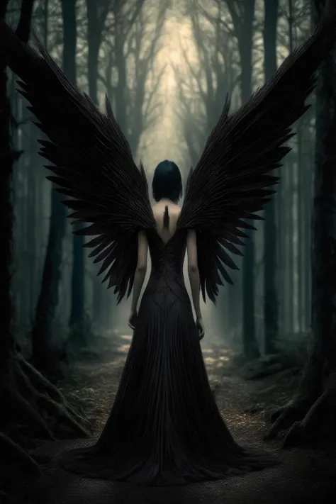 <lora:Dark Fantasy:1>Dark Fantasy - A woman wearing a dress with black wings is walking in the dark forest.