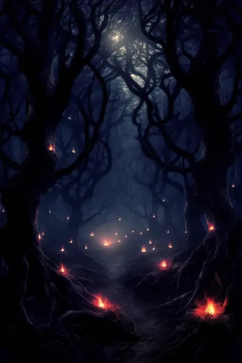 <lora:Dark Fantasy:1>Dark Fantasy - dark forest of enchantment,magic,in mindnight whth firefilies around it
