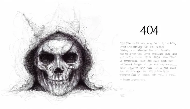 404, the page you are looking for doesn't exist, dead end, Entries should capture the essence of the dreaded 404 error. This means everything from a direct stylization of the term â404â to an artistic interpretation of the emptiness of the human soul are fair game. Comedy isnât a requirement, but itâs encouraged!, <lora:é£çº¿ç»:0.8>, Scribble, <lora:Dark Fantasy:0.8>, Dark Fantasy page,