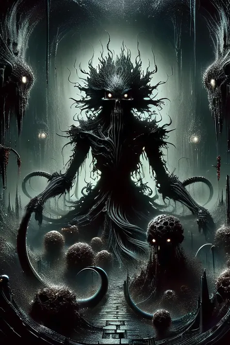 Alien-themed biomechanical style horror-themed (((epic-Ultra-HD-details, epic-Ultra-HD-highlights, epic-photo-same-realistic, upscaled-resolution, optimal)))A bio-mechanical forest taking over a desolate and abandoned dystopian cityscape,crumbling buildings,ruined skyscrapers,destroyed vehicles,remains,tendrils spreading everywhere,mechanical plants and flowers,mechanicals parts,bio-mechanical parts,living metal.,<lora:DonM3v1lM4dn355XL-v1.1:0.8>,DonM3v1lM4dn355XL,<lora:Dark Fantasy:0.8>,Dark Fantasy page,<lora:Dark_Particles_Style_SDXL:0.8>,ais-darkpartz,, eerie, unsettling, dark, spooky, suspenseful, grim, highly detailed,(((text))),((color)),(shading),background,noise,dithering,gradient,detailed,out of frame,ugly,error,Illustration, watermark,(((gothic ink on paper))),H.P. Lovecraft,Arthur Rackham, blend of organic and mechanical elements, futuristic, cybernetic, detailed, intricate . Extraterrestrial, cosmic, otherworldly, mysterious, sci-fi, highly detailed
