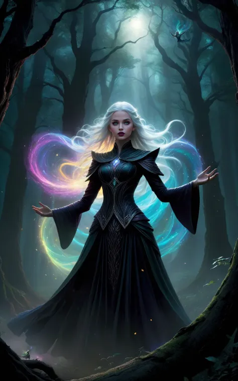 A female elven warlock stands in an ancient forest her arms outstretched  as she strains to control  the magic she has summoned, a swirling  vortex of rainbow colored light.  (long white hair), (bare midriff),
The air is thick with anticipation, the world around her responding to the surge of energy emanating from her hands. Deep within the forest, shadows cling to tree trunks, their darkness punctuated by the ethereal light of the magic. The warlock's pose is deliberate and powerful, every muscle tense with focus as she maintains control over the chaotic vortex.
The digital painting captures every minute detail: the lifelike textures of her robes, the magical light that accentuates her intense expression, and the intricate patterns that swirl around her like an otherworldly dance. The colors differences are striking â the bright magical light against the darkness of the forest at night.
<lora:Dark Fantasy:1>Dark Fantasy - Gothic scene in a dark forest at night with pure black background with a horror atmosphere black shadows