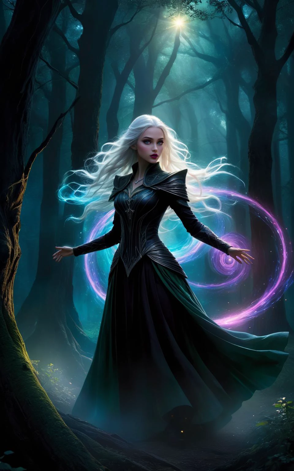 A female elven warlock stands in an ancient forest her arms outstretched as she strains to control the magic she has summoned, a swirling vortex of rainbow colored light. (long white hair), (bare midriff),
The air is thick with anticipation, the world around her responding to the surge of energy emanating from her hands. Deep within the forest, shadows cling to tree trunks, their darkness punctuated by the ethereal light of the magic. The warlock's pose is deliberate and powerful, every muscle tense with focus as she maintains control over the chaotic vortex.
The digital painting captures every minute detail: the lifelike textures of her robes, the magical light that accentuates her intense expression, and the intricate patterns that swirl around her like an otherworldly dance. The colors differences are striking â the bright magical light against the darkness of the forest at night.
<lora:Dark Fantasy:1>Dark Fantasy - Gothic scene in a dark forest at night with pure black background with a horror atmosphere black shadows