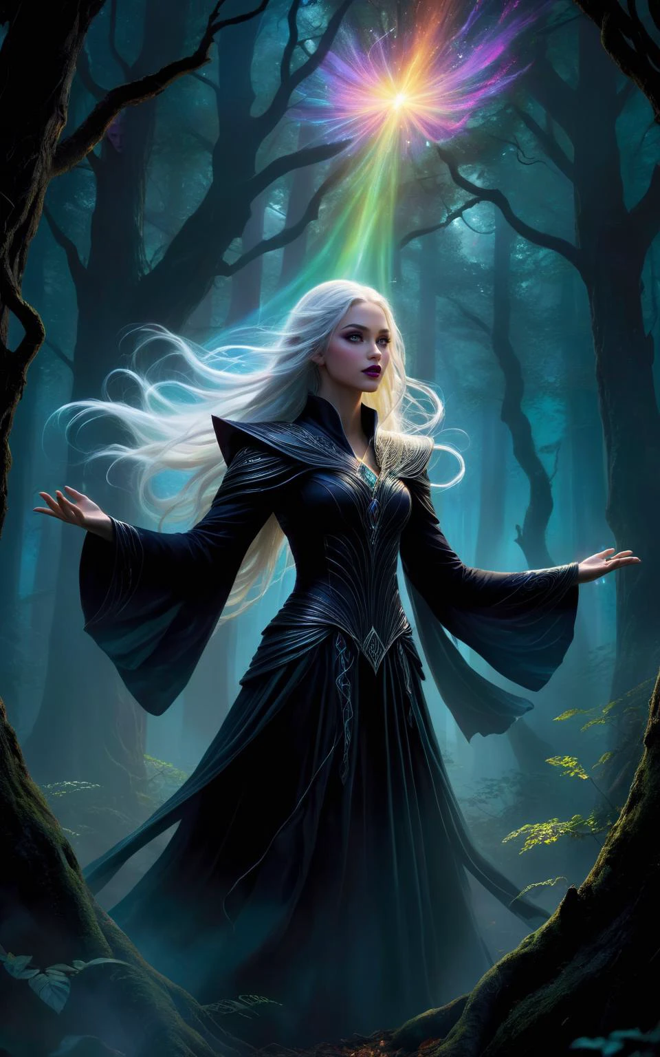 A female elven warlock stands in an ancient forest her arms outstretched as she strains to control the magic she has summoned, a swirling vortex of rainbow colored light. (long white hair), (bare midriff),
The air is thick with anticipation, the world around her responding to the surge of energy emanating from her hands. Deep within the forest, shadows cling to tree trunks, their darkness punctuated by the ethereal light of the magic. The warlock's pose is deliberate and powerful, every muscle tense with focus as she maintains control over the chaotic vortex.
The digital painting captures every minute detail: the lifelike textures of her robes, the magical light that accentuates her intense expression, and the intricate patterns that swirl around her like an otherworldly dance. The colors differences are striking â the bright magical light against the darkness of the forest at night.
<lora:Dark Fantasy:1>Dark Fantasy - Gothic scene in a dark forest at night with pure black background with a horror atmosphere black shadows