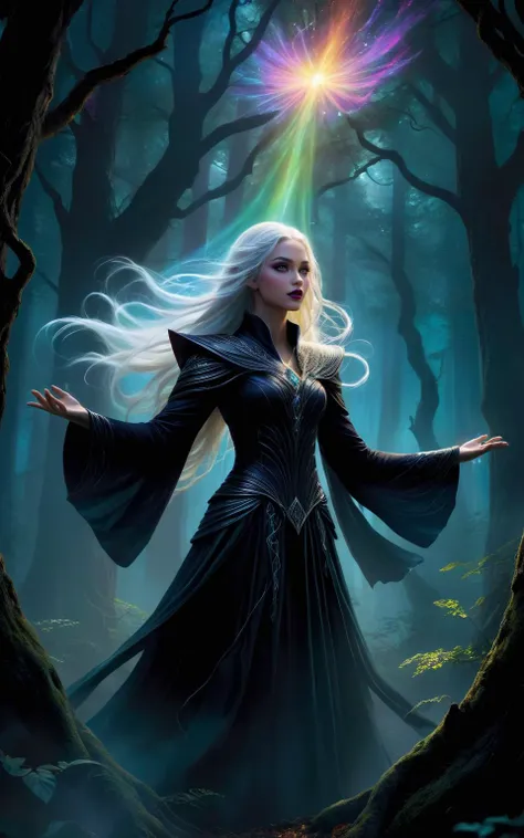 A female elven warlock stands in an ancient forest her arms outstretched  as she strains to control  the magic she has summoned, a swirling  vortex of rainbow colored light.  (long white hair), (bare midriff),
The air is thick with anticipation, the world around her responding to the surge of energy emanating from her hands. Deep within the forest, shadows cling to tree trunks, their darkness punctuated by the ethereal light of the magic. The warlock's pose is deliberate and powerful, every muscle tense with focus as she maintains control over the chaotic vortex.
The digital painting captures every minute detail: the lifelike textures of her robes, the magical light that accentuates her intense expression, and the intricate patterns that swirl around her like an otherworldly dance. The colors differences are striking â the bright magical light against the darkness of the forest at night.
<lora:Dark Fantasy:1>Dark Fantasy - Gothic scene in a dark forest at night with pure black background with a horror atmosphere black shadows