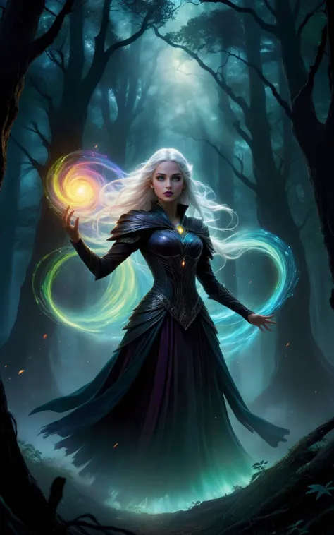 A female elven warlock stands in an ancient forest her arms outstretched  as she strains to control  the magic she has summoned, a swirling  vortex of rainbow colored light.  (long white hair), (bare midriff),
The air is thick with anticipation, the world around her responding to the surge of energy emanating from her hands. Deep within the forest, shadows cling to tree trunks, their darkness punctuated by the ethereal light of the magic. The warlock's pose is deliberate and powerful, every muscle tense with focus as she maintains control over the chaotic vortex.
The digital painting captures every minute detail: the lifelike textures of her robes, the magical light that accentuates her intense expression, and the intricate patterns that swirl around her like an otherworldly dance. The colors differences are striking â the bright magical light against the darkness of the forest at night.
<lora:Dark Fantasy:1>Dark Fantasy - Gothic scene in a dark forest at night with pure black background with a horror atmosphere black shadows