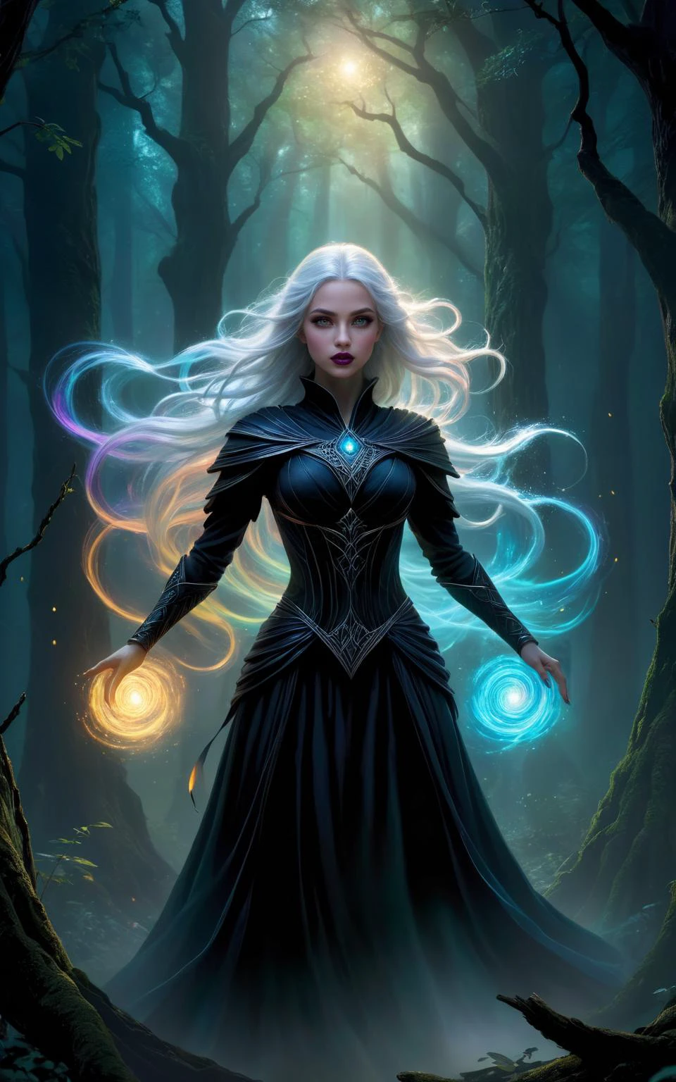 A female elven warlock stands in an ancient forest her arms outstretched as she strains to control the magic she has summoned, a swirling vortex of rainbow colored light. (long white hair), (bare midriff),
The air is thick with anticipation, the world around her responding to the surge of energy emanating from her hands. Deep within the forest, shadows cling to tree trunks, their darkness punctuated by the ethereal light of the magic. The warlock's pose is deliberate and powerful, every muscle tense with focus as she maintains control over the chaotic vortex.
The digital painting captures every minute detail: the lifelike textures of her robes, the magical light that accentuates her intense expression, and the intricate patterns that swirl around her like an otherworldly dance. The colors differences are striking â the bright magical light against the darkness of the forest at night.
<lora:Dark Fantasy:1>Dark Fantasy - Gothic scene in a dark forest at night with pure black background with a horror atmosphere black shadows
