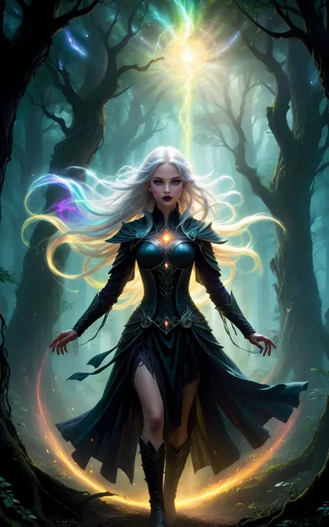 A female elven warlock stands in an ancient forest her arms outstretched  as she strains to control  the magic she has summoned, a swirling  vortex of rainbow colored light.  (long white hair), (bare midriff),
The air is thick with anticipation, the world around her responding to the surge of energy emanating from her hands. Deep within the forest, shadows cling to tree trunks, their darkness punctuated by the ethereal light of the magic. The warlock's pose is deliberate and powerful, every muscle tense with focus as she maintains control over the chaotic vortex.
The digital painting captures every minute detail: the lifelike textures of her robes, the magical light that accentuates her intense expression, and the intricate patterns that swirl around her like an otherworldly dance. The colors differences are striking â the bright magical light against the darkness of the forest at night.
<lora:Dark Fantasy:1>Dark Fantasy - Gothic scene in a dark forest at night with pure black background with a horror atmosphere black shadows
<lora:xl_more_art-full_v1:0.4>