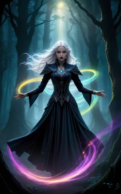 A female elven warlock stands in an ancient forest her arms outstretched  as she strains to control  the magic she has summoned, a swirling  vortex of rainbow colored light.  (long white hair), (bare midriff),
The air is thick with anticipation, the world around her responding to the surge of energy emanating from her hands. Deep within the forest, shadows cling to tree trunks, their darkness punctuated by the ethereal light of the magic. The warlock's pose is deliberate and powerful, every muscle tense with focus as she maintains control over the chaotic vortex.
The digital painting captures every minute detail: the lifelike textures of her robes, the magical light that accentuates her intense expression, and the intricate patterns that swirl around her like an otherworldly dance. The colors differences are striking â the bright magical light against the darkness of the forest at night.
<lora:Dark Fantasy:1>Dark Fantasy - Gothic scene in a dark forest at night with pure black background with a horror atmosphere black shadows