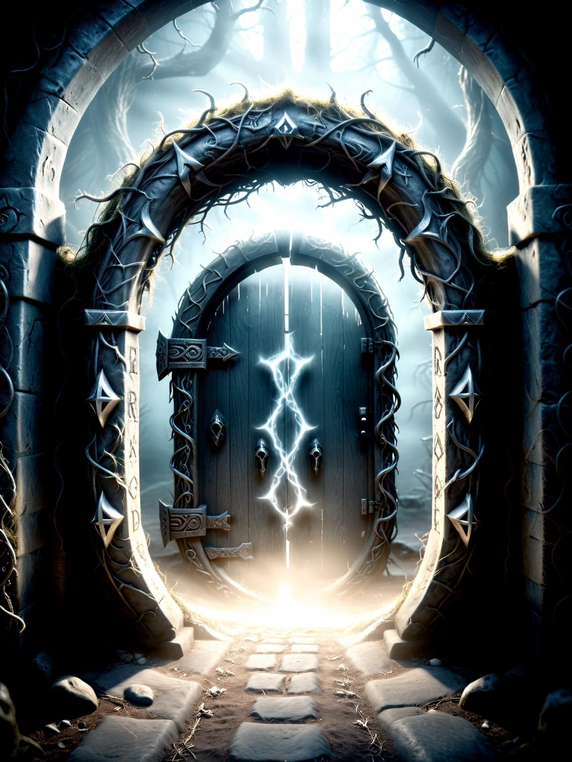cinematic film still horror-themed A magical doorway with brightly glowing silver runes stands as a gateway to a mysterious world.
<lora:xl_more_art-full_v1:0.8>, eerie, unsettling, dark, spooky, suspenseful, grim, highly detailed, shallow depth of field, vignette, highly detailed, high budget Hollywood film, bokeh, cinemascope, moody, epic, gorgeous, film grain <lora:Dark Fantasy:1.2> Dark Fantasy