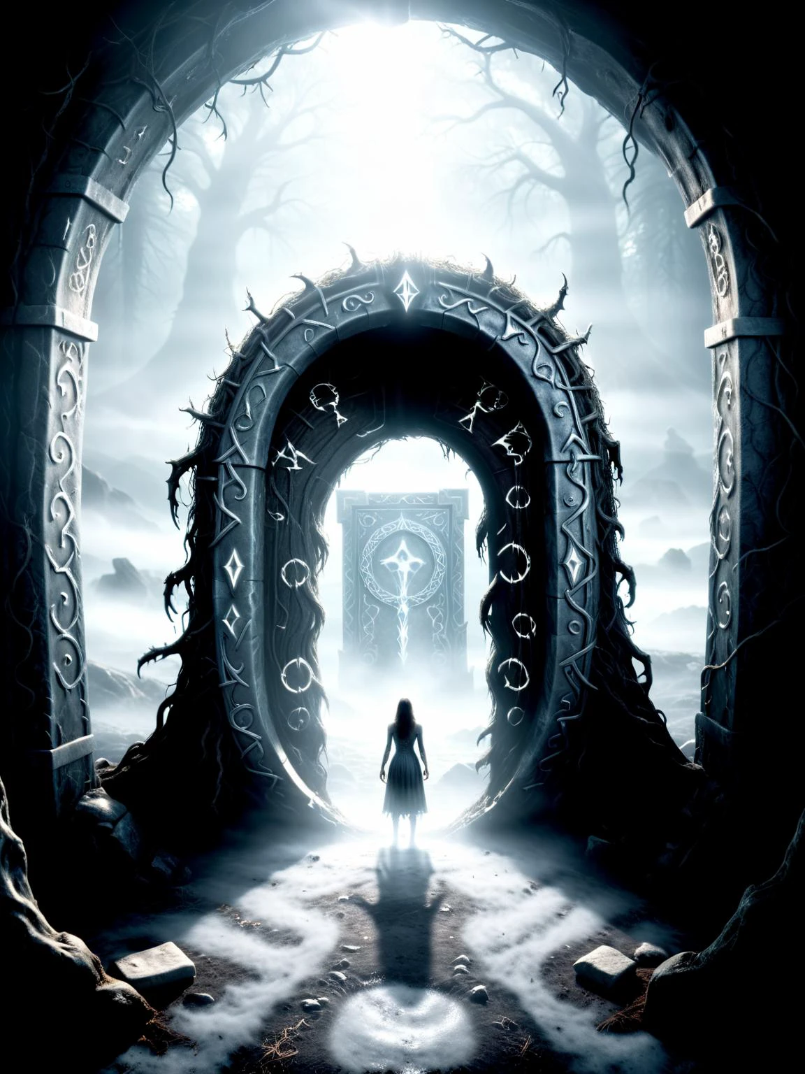 cinematic film still horror-themed A magical portal with brightly glowing silver runes stands as a gateway to a mysterious world.
<lora:xl_more_art-full_v1:0.8>, eerie, unsettling, dark, spooky, suspenseful, grim, highly detailed, shallow depth of field, vignette, highly detailed, high budget Hollywood film, bokeh, cinemascope, moody, epic, gorgeous, film grain <lora:Dark Fantasy:1.2> Dark Fantasy