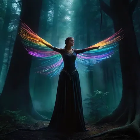 A female elven warlock stands in an ancient forest her arms outstretched as she strains to control the magic she has summoned, a swirling vortex of rainbow colored light. (loosely braided brown hair), (bare midriff), The air is thick with anticipation, the world around her responding to the surge of energy emanating from her hands. Deep within the forest, shadows cling to tree trunks, their darkness punctuated by the ethereal light of the magic. The warlock's pose is deliberate and powerful, every muscle tense with focus as she maintains control over the chaotic vortex. The digital painting captures every minute detail: the lifelike textures of her robes, the magical light that accentuates her intense expression, and the intricate patterns that swirl around her like an otherworldly dance. The colors differences are striking, the bright magical light against the darkness of the forest at night, <lora:Dark Fantasy:1>Dark Fantasy - Gothic scene in a dark forest at night with pure black background with a horror atmosphere black shadows.