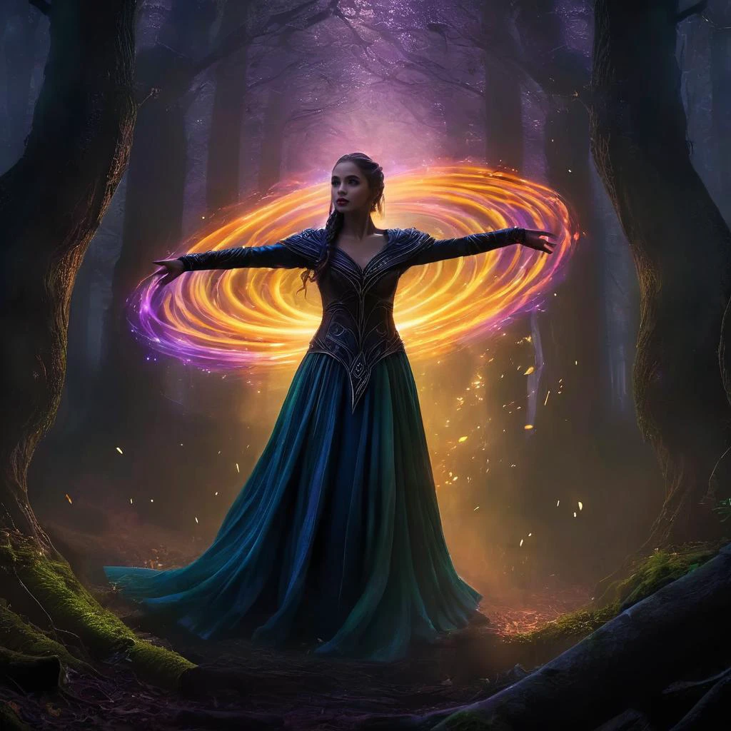 A female elven warlock stands in an ancient forest her arms outstretched as she strains to control the magic she has summoned, a swirling vortex of rainbow colored light. (loosely braided brown hair), (bare midriff), The air is thick with anticipation, the world around her responding to the surge of energy emanating from her hands. Deep within the forest, shadows cling to tree trunks, their darkness punctuated by the ethereal light of the magic. The warlock's pose is deliberate and powerful, every muscle tense with focus as she maintains control over the chaotic vortex. The digital painting captures every minute detail: the lifelike textures of her robes, the magical light that accentuates her intense expression, and the intricate patterns that swirl around her like an otherworldly dance. The colors differences are striking, the bright magical light against the darkness of the forest at night, <lora:Dark Fantasy:1>Dark Fantasy - Gothic scene in a dark forest at night with pure black background with a horror atmosphere black shadows.