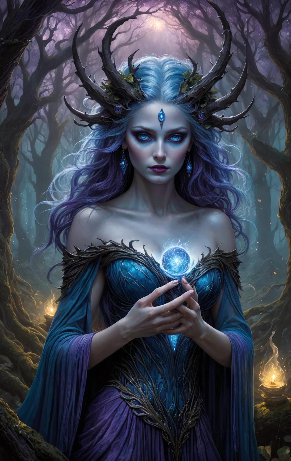 An award-winning DarkFantasy digital art piece, bathed in hues of mystical purple and blue, entitled "Enchantress of the Surreal Forest". A majestic sorceress in a flowing dress weaves her magic, glowing colorful magical orbs held in both hands, enchantingly illuminated by lightning in the heart of an enchanted forest. (Beautiful detailed face, glowing softly:1.3), (beautiful detailed eyes, blue eyes:1.4), plum lipstick, beautiful detailed legs, beautiful detailed skin. The fantasy surrealistic style blends the mystical and the majestic. The spellbinding image has been lauded at the Academy Awards for Visual Effects and BAFTA Awards for Special Effects, featured in Art of the Fantastic, The Magazine of Fantasy & Science Fiction, and ImagineFX, and showcased at the Fantasy Art Gallery, Delusional Art, and Weta Workshop. dark magic, black night, fog <lora:Dark Fantasy:0.8> Dark Fantasy page