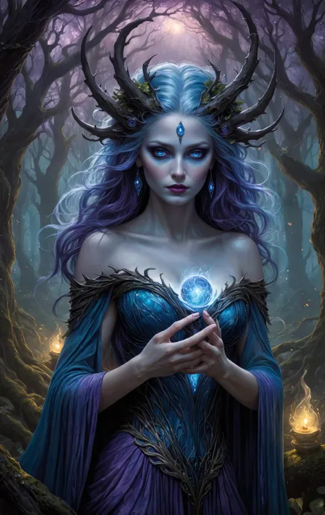 An award-winning  DarkFantasy digital art piece, bathed in hues of mystical purple and blue, entitled "Enchantress of the Surreal Forest". A majestic sorceress in a flowing dress weaves her magic, glowing colorful magical orbs held in both hands, enchantingly illuminated by lightning in the heart of an enchanted forest. (Beautiful detailed face, glowing softly:1.3), (beautiful detailed eyes, blue eyes:1.4), plum lipstick, beautiful detailed legs, beautiful detailed skin.  The fantasy surrealistic style blends the mystical and the majestic. The spellbinding image has been lauded at the Academy Awards for Visual Effects and BAFTA Awards for Special Effects, featured in Art of the Fantastic, The Magazine of Fantasy & Science Fiction, and ImagineFX, and showcased at the Fantasy Art Gallery, Delusional Art, and Weta Workshop.  dark magic, black night, fog <lora:Dark Fantasy:0.8> Dark Fantasy page