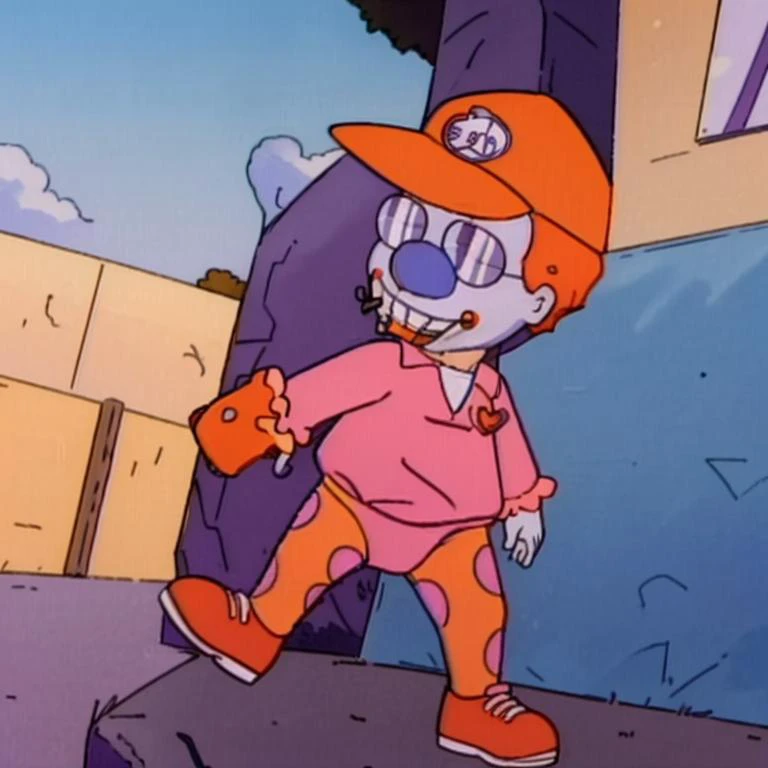<lora:Mr Friend - Rugrats - 1993:0.65> mr_friend, clown_doll, orange hair, grin, blue_skin, yellow_and purple_clown_suit, blue nose, rosey_cheeks, heart_boutonnière, red shoes, <lora:Dale Gribble - King of the Hill - 1997 - V1:0.85> dale_gribble, orange_mack_track_tracker_hat, sunglasses, <lora:LCM_SD15:1.0>