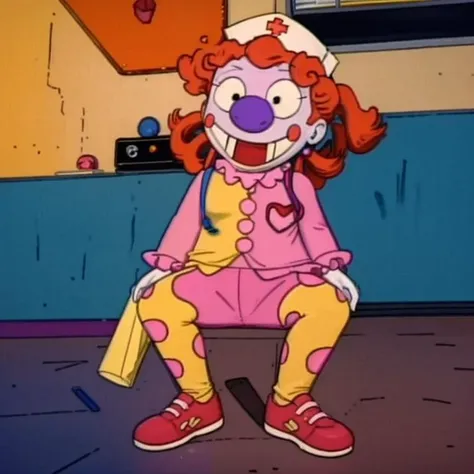 <lora:Mr Friend - Rugrats - 1993:0.65> mr_friend, clown_doll, orange hair, grin, blue_skin, yellow_and purple_clown_suit, blue nose, rosey_cheeks, heart_boutonnière, red shoes, <lora:JOY:0.75> nurse joy, 1girl, solo, nurse cap, pink hair, blue eyes<lora:LCM_SD15:1.0>