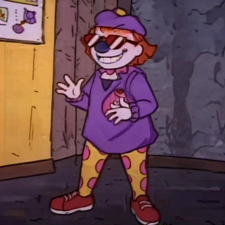 <lora:Mr Friend - Rugrats - 1993:0.65> mr_friend, clown_doll, orange hair, grin, blue_skin, yellow_and purple_clown_suit, blue nose, rosey_cheeks, heart_boutonnière, red shoes, <lora:Judy Funnie V2:0.7> judy_funnie, red hair, sunglasses, shaved sides of head, purple beret, black undershirt, purple dress<lora:LCM_SD15:1.0>