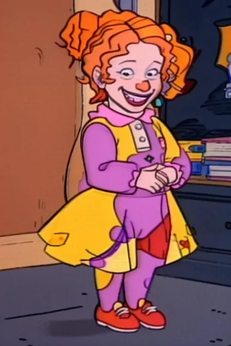 <lora:Mr Friend - Rugrats - 1993:0.65> mr_friend, clown_doll, orange hair, grin, blue_skin, yellow_and purple_clown_suit, blue nose, rosey_cheeks, heart_boutonnière, red shoes, <lora:Ms_frizzle1:0.55> valerie frizzle, 1girl, smile, solo, orange hair, long sleeves, earrings, simple background, jewelry, shoes, print dress, black eyes, single hair bun<lora:LCM_SD15:1.0>