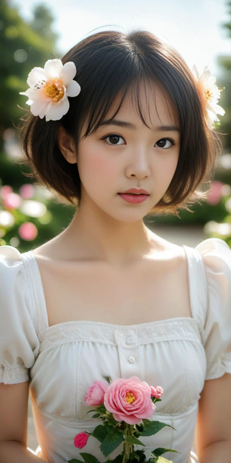 Realistic,1 girl, white short hair, eye highlights, dress, short puffy sleeves, frills, outdoors, flower, fluttering petals, upper body, depth of field, (:d:0.8), chromatic aberration abuse,pastel color, Depth of field,garden of the sun,shiny,,volumetric lighting, depth of field, cinematic, vibrant, shadows, detailed ,score_9,source_photo