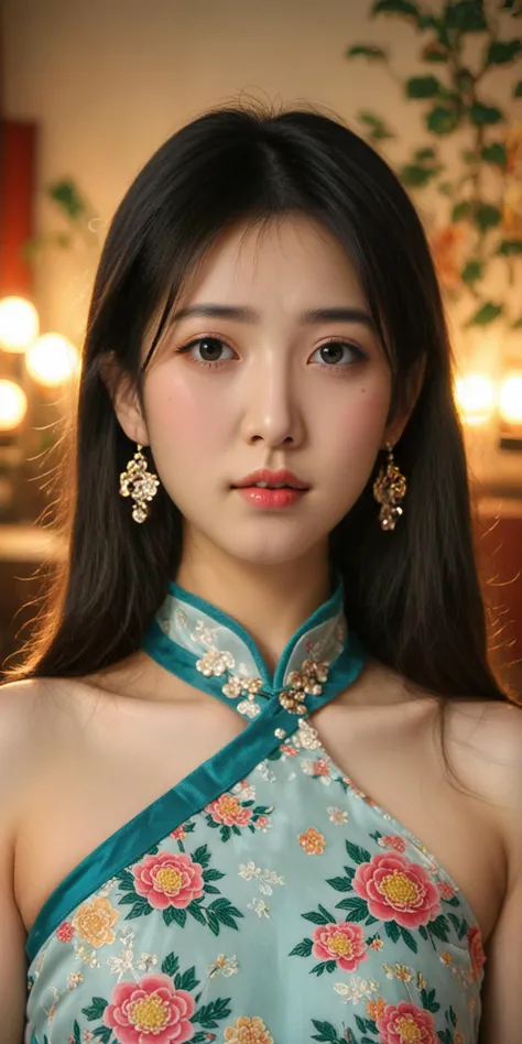 Realistic,Traditional Chinese female portrait,delicate facial features,youthful woman,intricate hair adorned with floral accessories,rosy cheeks,slender neck,wearing an ornate qipao with elaborate embroidery,vibrant warm hues,cultural attire signifying elegance and status,serene and graceful demeanor,adorned with understated drop earrings,clear attention to textile patterns and jewelry details,soft pastel background complementing the subject's gentle visage,artistic inspiration likely drawn from historical Chinese paintings or modern reinterpretations thereof,volumetric lighting, depth of field, cinematic, vibrant, shadows, detailed ,score_9,source_photo,