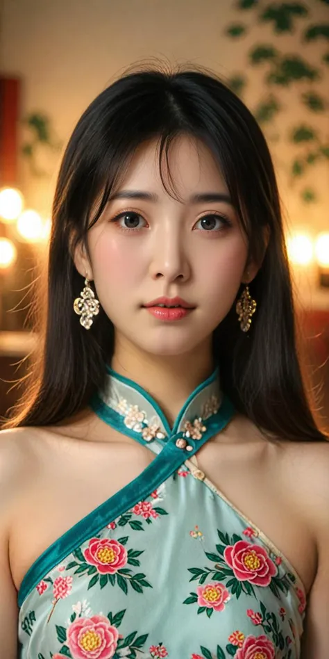 Realistic,Traditional Chinese female portrait,delicate facial features,youthful woman,intricate hair adorned with floral accessories,rosy cheeks,slender neck,wearing an ornate qipao with elaborate embroidery,vibrant warm hues,cultural attire signifying elegance and status,serene and graceful demeanor,adorned with understated drop earrings,clear attention to textile patterns and jewelry details,soft pastel background complementing the subject's gentle visage,artistic inspiration likely drawn from historical Chinese paintings or modern reinterpretations thereof,volumetric lighting, depth of field, cinematic, vibrant, shadows, detailed ,score_9,source_photo,