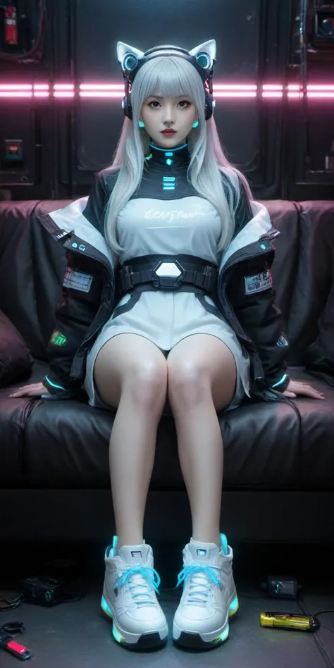 1girl,animal ears,Waist bag,bangs,cat ear headphones,cat ears,cyberpunk,headphones,headset,Combat clothing,Sitting posture,Luminous,Multi light source clothing,indoor,Oblique lateral body,full body,science fiction,Luminous clothing,Future technological background,jacket,lips,long hair,looking at viewer,neon lights,night,shoes,sitting,solo,white footwear,white hair,glowing,