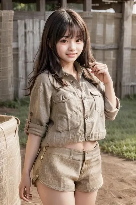 (8k, RAW photo, best quality, masterpiece:1.2), (realistic, photo-realistic:1.37), Perfect Anatomy, natural, (symmetrical clear eyes:1.3),
ultra high res, super detail, Ultra Detailed, Detailed Skin, Sharp Focus, bokeh, shiny hair, shiny skin, (finely detailed face:1.2), cinematic light BREAK
1girl, japanese, (((16 yo:1.6, kawaii, cute, young, baby face))), detailed eyes, facial lighting,
young girls, beautiful girls, ((chiseled face)), moon face, smooth skin, no makeup,
Afro,
(blonde hair):1.2, black eyes, glowing eyes BREAK
(burlap button shirt and shorts:1.4), <lora:Burlap V3:0.6>, large breasts, cute pose, cowboy shot, looking at viewer, (cheerful smile:1.4), (pasture:1.4), fine day, (perfect anatomy:1.2) BREAK
<lora:JapaneseDollLikeness_v15:0.3>, <lora:flat2:-0.5> BREAK