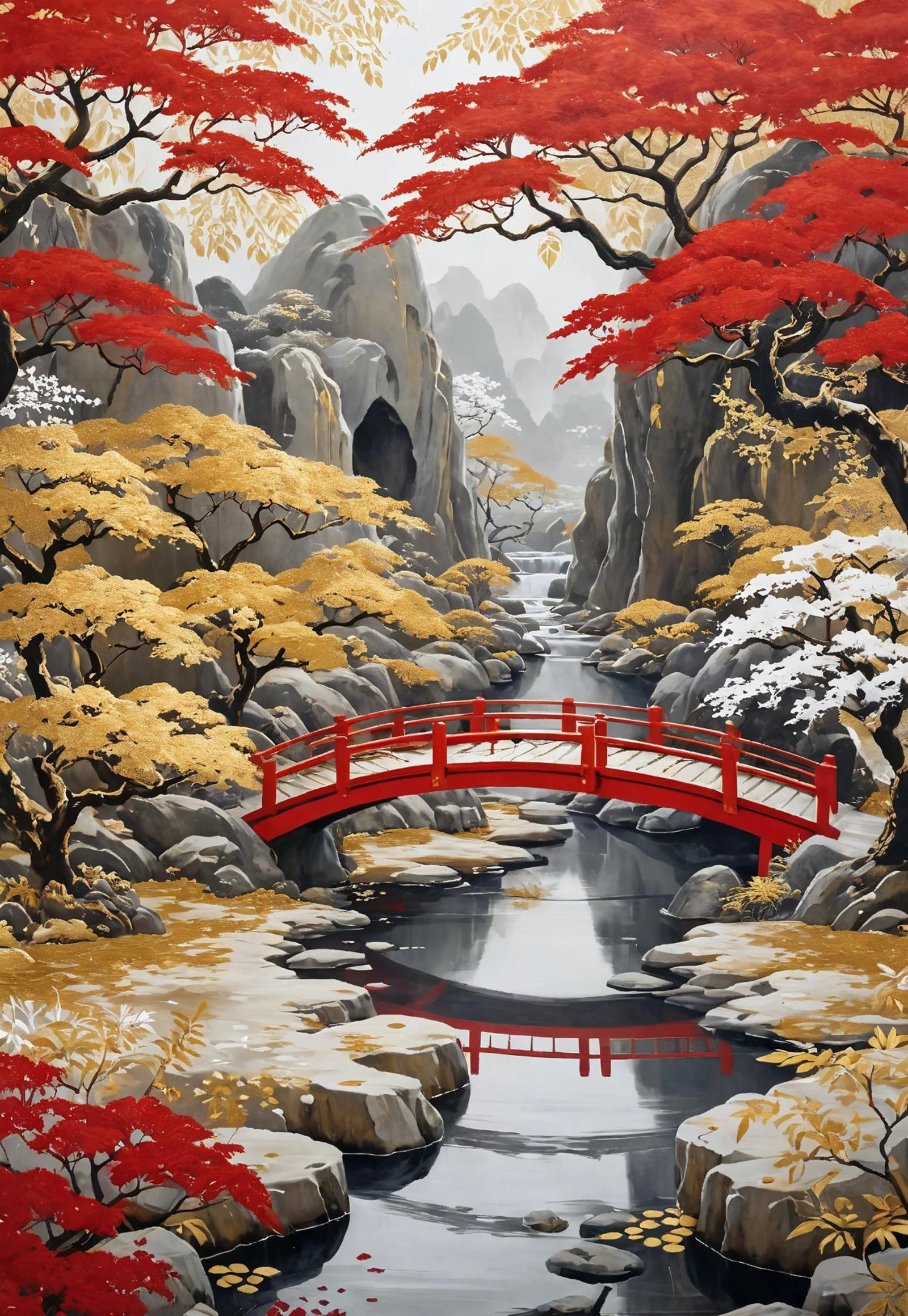 Cave art,gorgeous Japan garden landscape ,red bridge,gold foil,Highly detailed and whimsical,gold and white,hyperrealistic, <lora:novuschroma27 style_b:1> novuschroma27 style,
