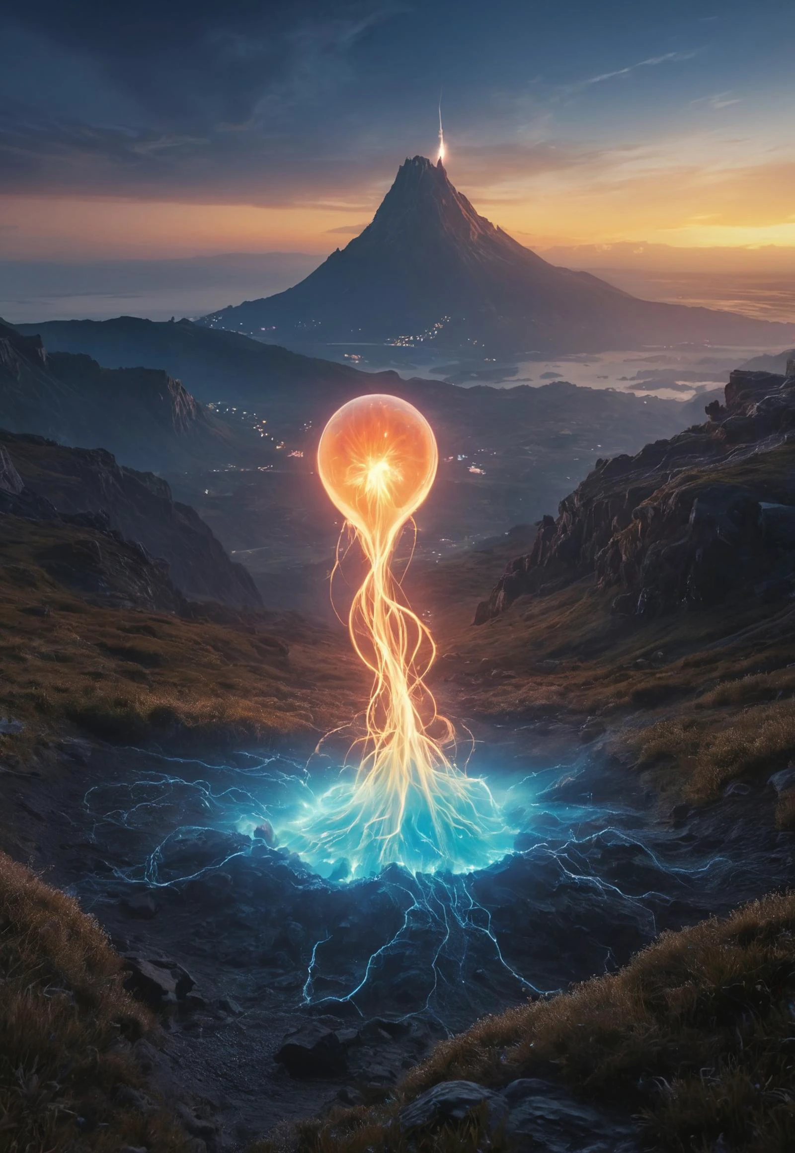 (amazing transcendental's dream:3.5) An amazing Movie photo of crédible amazing realist transcendental's tiny magical's creature (made entirely of plasma form of energy:3.5) on night bioluminecent fairy's volcano village, (maximum ultra high definition image quality and rendering:3), maximum image detail, maximum realistic render, (((ultra realist style))), realist side lighting, , 8K high definition, realist soft lighting, (amazing special effect:3.5)