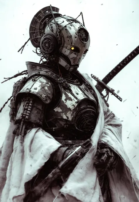 Create a extrahart, mystical, and high-resolution image of an busty female anthropomorphic a humanoid robot with intricate mechanical components named c3po with outworn translucent white linen cape. The character should be depicted in a manga cover style with wealthy portraiture and poster art elements. The image should feature rich colors and high contrast, focusing on the best quality, official art, and a beautiful and aesthetic appearance. Include fractal art elements and a colorful background with a splash of color. Use a movie perspective and an advertising style, similar to a magazine cover. C3po samurai should be shown solo, wearing Japanese clothes and armor, holding a sheathed katana, and standing in a cowboy shot pose. The robot should have neon green and yellow hip-hop clothes, tattoos, muscular abs, shoulder armor, and a metallic blue flowers in the background. Emphasize a samurai theme with a red background and starwars elements.