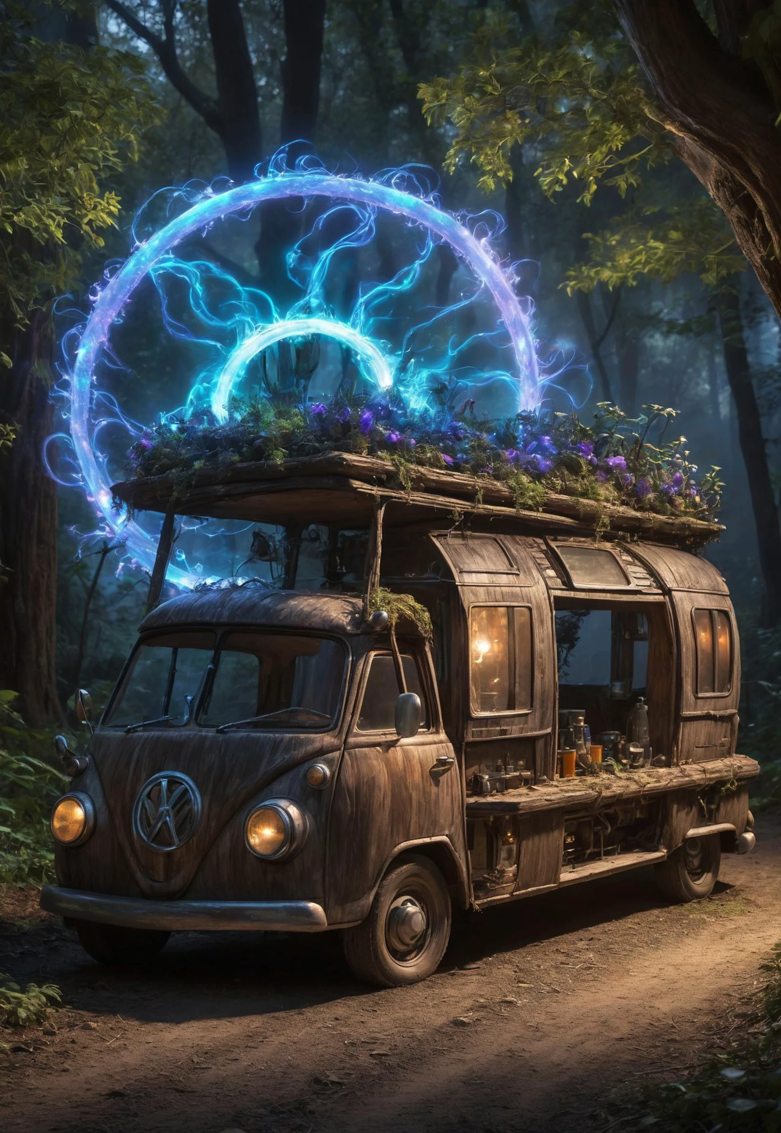 (amazing transcendental's dream:3.5) An amazing Movie photo of amazing transcendental's tiny wood's vehicle (made entirely of plasma form of energy:3.5) on night bioluminecent fairy's village, (maximum ultra high definition image quality and rendering:3), maximum image detail, maximum realistic render, (((ultra realist style))), realist side lighting, , 8K high definition, realist soft lighting, (amazing special effect:3.5)