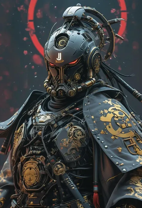 Create a extrahart, mystical, and high-resolution image of an busty female anthropomorphic a humanoid robot with intricate mechanical components named c3po. The character should be depicted in a manga cover style with wealthy portraiture and poster art elements. The image should feature rich colors and high contrast, focusing on the best quality, official art, and a beautiful and aesthetic appearance. Include fractal art elements and a colorful background with a splash of color. Use a  perspective and an advertising style, similar to a magazine cover. C3po samurai should be shown solo, wearing Japanese clothes and armor, holding a sheathed katana, and standing in a cowboy shot pose. The robot should have neon green and yellow hip-hop clothes, tattoos, muscular abs, shoulder armor, and a metallic blue flowers in the background. Emphasize a samurai theme with a red background and starwars elements.