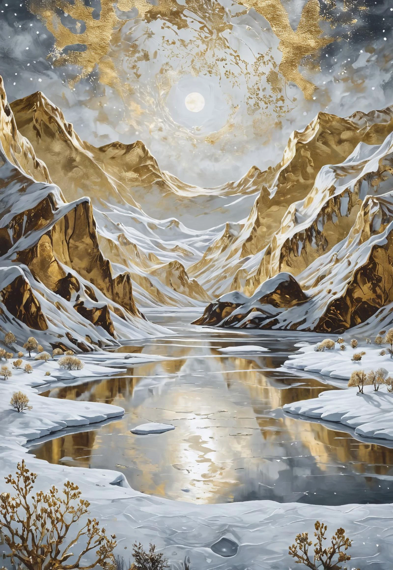 Cave art,winter landscape ,stary sky over a frozen lake,gold foil,Highly detailed and whimsical,gold and white,hyperrealistic, <lora:novuschroma27 style_b:1> novuschroma27 style,