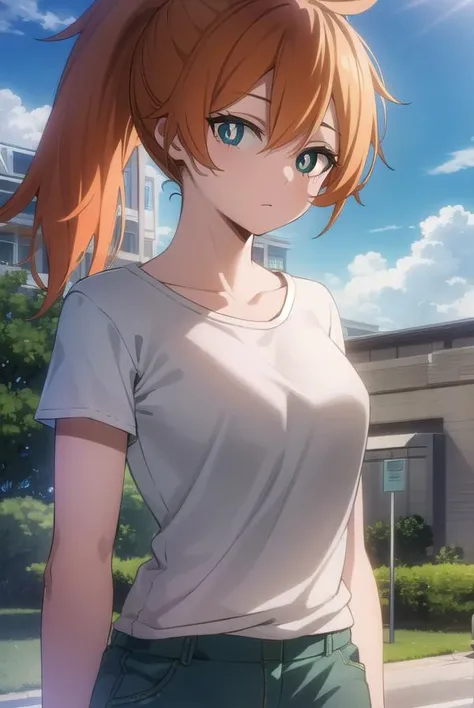 itsukakendo, <lora:itsuka kendo s5-lora-nochekaiser:1>,
itsuka kendo, long hair, (green eyes:1.3), ponytail, orange hair,
BREAK shirt, shorts, t-shirt,
BREAK outdoors, forest, nature, trees, sun, sky, clouds,
BREAK looking at viewer, (cowboy shot:1.5),
BREAK <lyco:GoodHands-beta2:1>, (masterpiece:1.2), best quality, high resolution, unity 8k wallpaper, (illustration:0.8), (beautiful detailed eyes:1.6), extremely detailed face, perfect lighting, extremely detailed CG, (perfect hands, perfect anatomy),