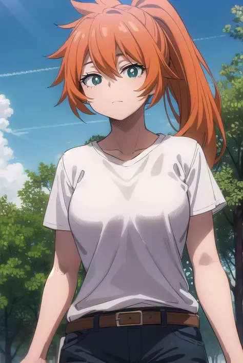itsukakendo, <lora:itsuka kendo s5-lora-nochekaiser:1>,
itsuka kendo, long hair, (green eyes:1.3), ponytail, orange hair,
BREAK shirt, shorts, t-shirt,
BREAK outdoors, forest, nature, trees, sun, sky, clouds,
BREAK looking at viewer, (cowboy shot:1.5),
BREAK <lyco:GoodHands-beta2:1>, (masterpiece:1.2), best quality, high resolution, unity 8k wallpaper, (illustration:0.8), (beautiful detailed eyes:1.6), extremely detailed face, perfect lighting, extremely detailed CG, (perfect hands, perfect anatomy),