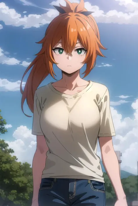 itsukakendo, <lora:itsuka kendo s5-lora-nochekaiser:1>,
itsuka kendo, long hair, (green eyes:1.3), ponytail, orange hair,
BREAK shirt, shorts, t-shirt,
BREAK outdoors, forest, nature, trees, sun, sky, clouds,
BREAK looking at viewer, (cowboy shot:1.5),
BREAK <lyco:GoodHands-beta2:1>, (masterpiece:1.2), best quality, high resolution, unity 8k wallpaper, (illustration:0.8), (beautiful detailed eyes:1.6), extremely detailed face, perfect lighting, extremely detailed CG, (perfect hands, perfect anatomy),