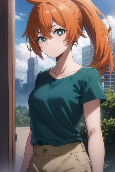 itsukakendo, <lora:itsuka kendo s5-lora-nochekaiser:1>,
itsuka kendo, long hair, (green eyes:1.3), ponytail, orange hair,
BREAK shirt, shorts, t-shirt,
BREAK outdoors, forest, nature, trees, sun, sky, clouds,
BREAK looking at viewer, (cowboy shot:1.5),
BREAK <lyco:GoodHands-beta2:1>, (masterpiece:1.2), best quality, high resolution, unity 8k wallpaper, (illustration:0.8), (beautiful detailed eyes:1.6), extremely detailed face, perfect lighting, extremely detailed CG, (perfect hands, perfect anatomy),