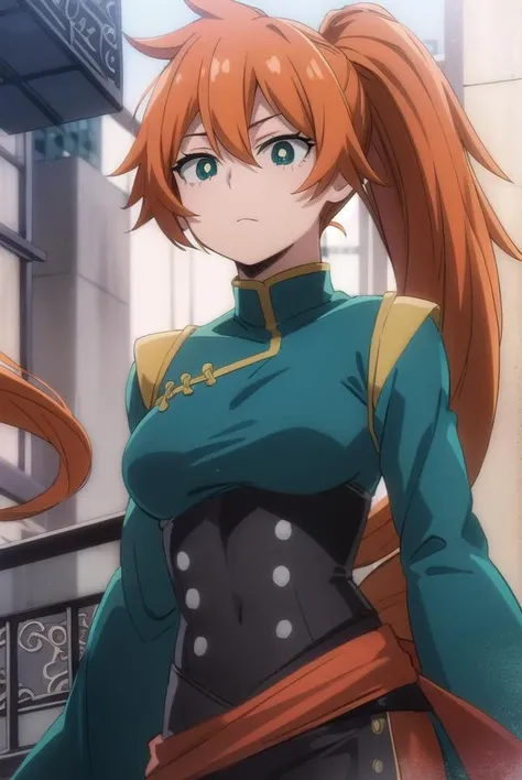 itsukakendo, <lora:itsuka kendo s5-lora-nochekaiser:1>,
itsuka kendo, long hair, (green eyes:1.3), ponytail, orange hair,
BREAK chinese clothes, long sleeves, wide sleeves,
BREAK outdoors,
BREAK looking at viewer, (cowboy shot:1.5),
BREAK <lyco:GoodHands-beta2:1>, (masterpiece:1.2), best quality, high resolution, unity 8k wallpaper, (illustration:0.8), (beautiful detailed eyes:1.6), extremely detailed face, perfect lighting, extremely detailed CG, (perfect hands, perfect anatomy),