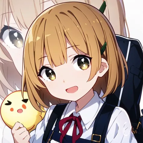 ((quan_style)),1girl, solo, hair_ornament, hairclip,((simple background)),((white background)), short_hair, bangs, looking_at_viewer, upper_body,student uniform,tokiwa midori,yelow hair,smile,open mouth,school bag