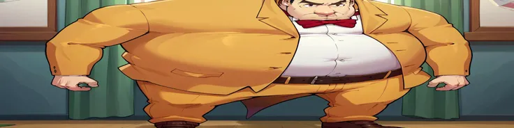 score_9, score_8_up, score_7_up, score_6_up, source_anime, BREAK male focus, solo <lora:p5kobayakawa-pdxl-nvwls-v1-000005:1> p5principal, fat man, obese, bald, yellow jacket, formal, white shirt, red bow tie, belt, yellow pants, brown shoes <lora:widePutinMemeDora_v10:1> wideputinmeme