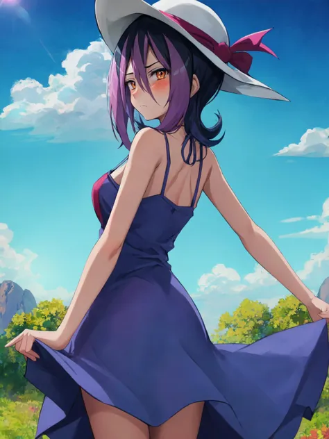 SLE, mksks style, detailed background absurdres, highres, from behind, solo, 1girl, <lora:Droite (Yu-Gi-Oh ZEXAL):1>, droite, sundress, spaghetti strap, sleeveless dress, sun hat, looking back, looking at viewer, frown, blush, (hand on headwear), valley, blue sky, clouds, sunlight, outdoors