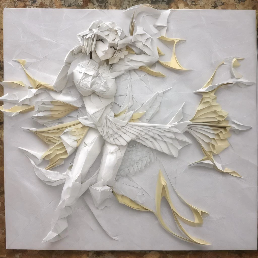 masterpiece, best quality, hd photo,a plane tessellation of a beautiful girl made of paper, <lora:origamiV1:1>