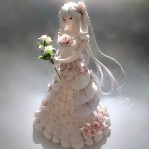 masterpiece, best quality, hd photo, an origami girl holding origami roses, standing, long hair, braid, half body, kawaii, <lora:origamiV1:1>,background street, sunshine