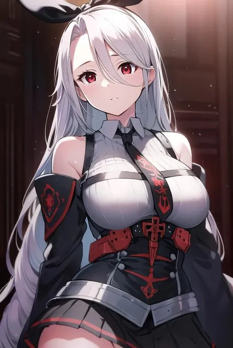 Tall girl, pale skin, Long white hair, red-eyes, Vampire's clothes, breeches, open belly, neckline on the chest, Tatoo, smirk, fangs, Masterpiece, hiquality