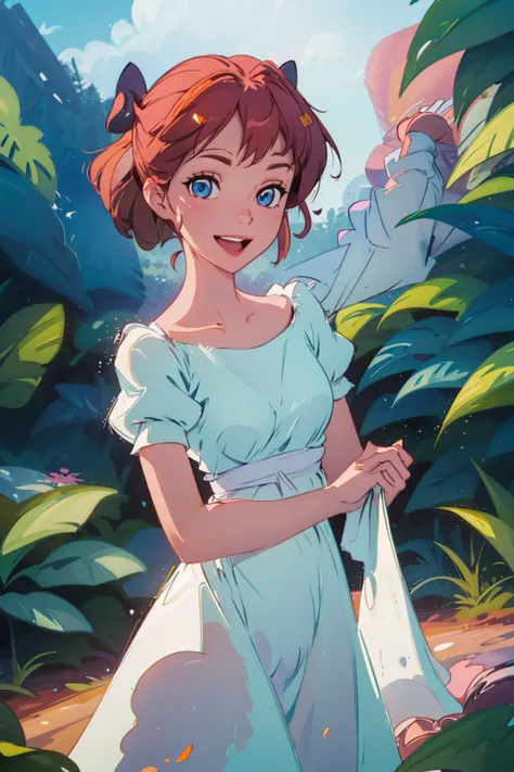 (masterpiece:1.4), (best qualit:1.4), (high resolution:1.4), nightgown, bow, looking at viewer, light smile, <lora:wendy_darling_v15:1>