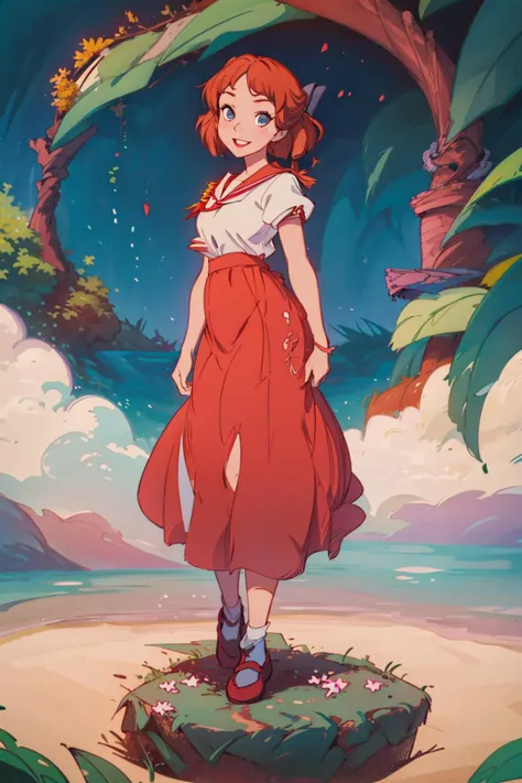 (masterpiece:1.4), (best qualit:1.4), (high resolution:1.4), wendy darling, bow, (red serafuku, red long skirt:1.2), looking at viewer, smile, <lora:wendy_darling_v15:1>