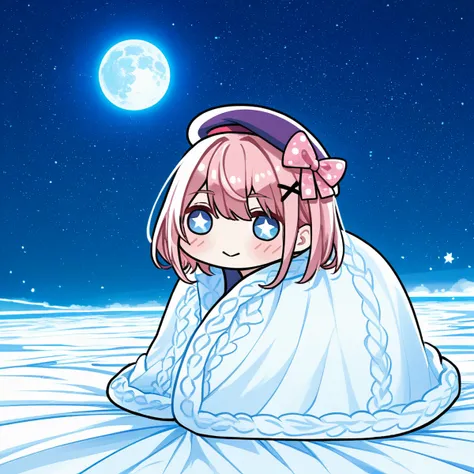 1girl, suzuhara lulu, nijisanji, brown hair, medium hair, blue eyes, x hair ornament, pink hair bow, (purple beret), glowing eyes, night sky, moon, star-shaped pupils, :3,
blanket, chibi, simple background,
score_9, score_8_up, score_7_up, score_6_up,
<lora:concept_comfyblanket-v1.1:1.3><lora:Komainu_channel-step00003000:0.8>